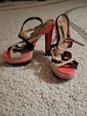 Unlisted Coral, Black & Beige Strappy Platform Heels